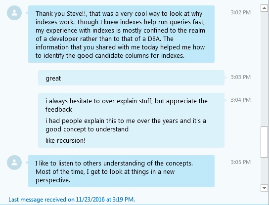 Image of Skype IM thanking me for teaching indexes